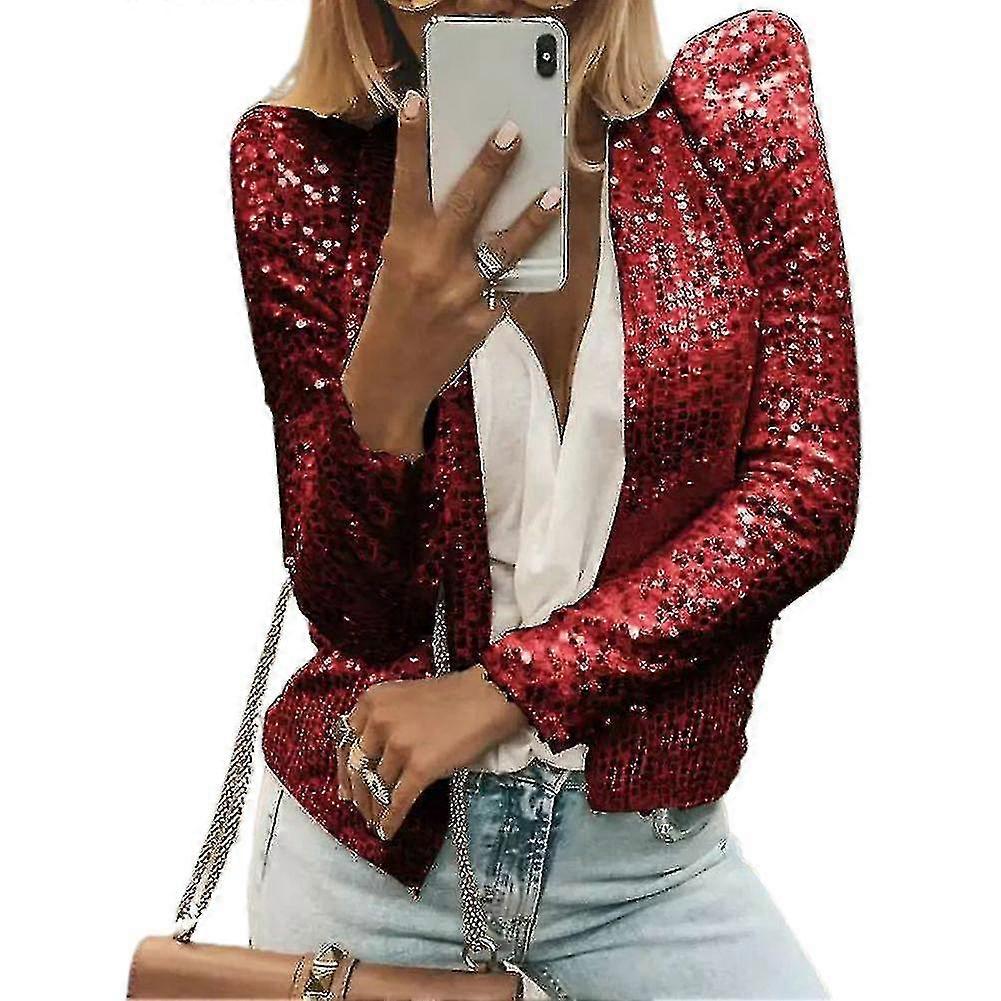 Women's Sequin Jacket Open Front Casual Long Sleeve Cardigan Coat Collarless Glitter Short Jacket