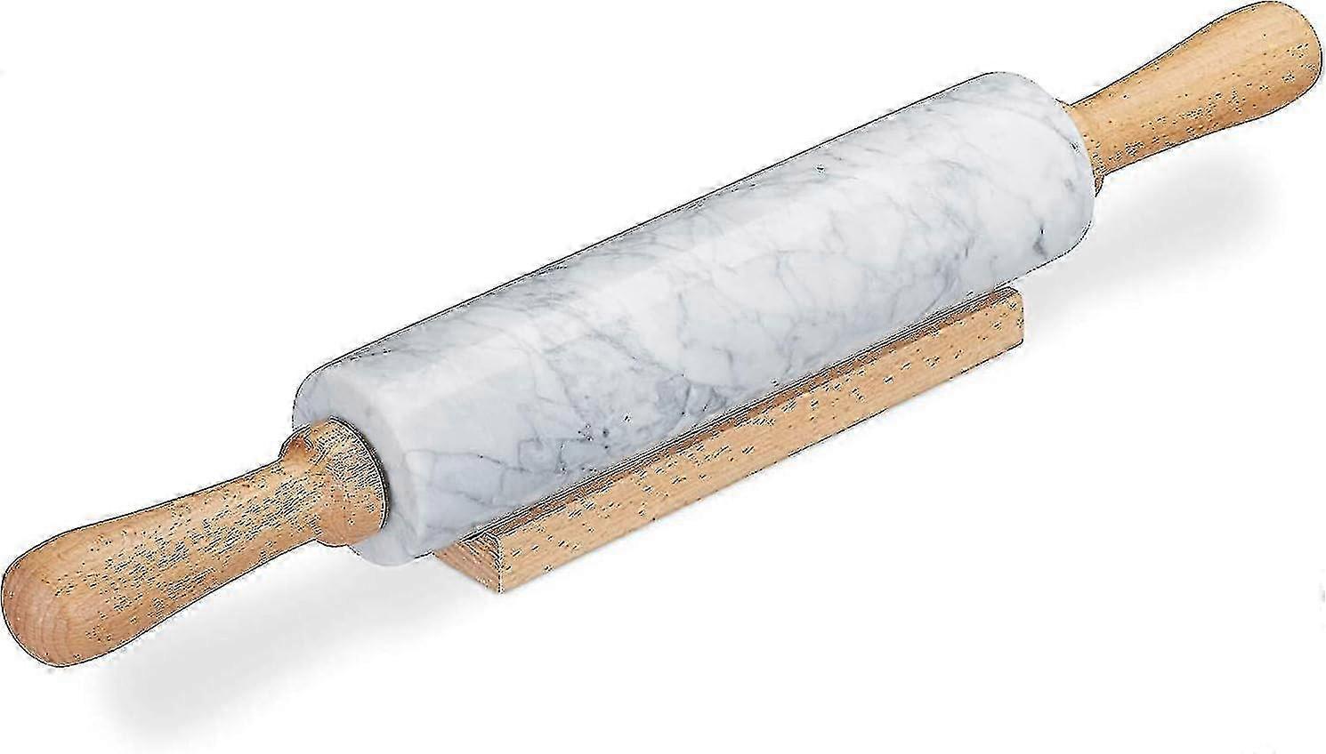 Marble Rolling Pin for Baking with Wooden Stand 45 X 6 X 6 Centimetres Easy Clean Hard-Wearing Speckle Finish Non-Stick White