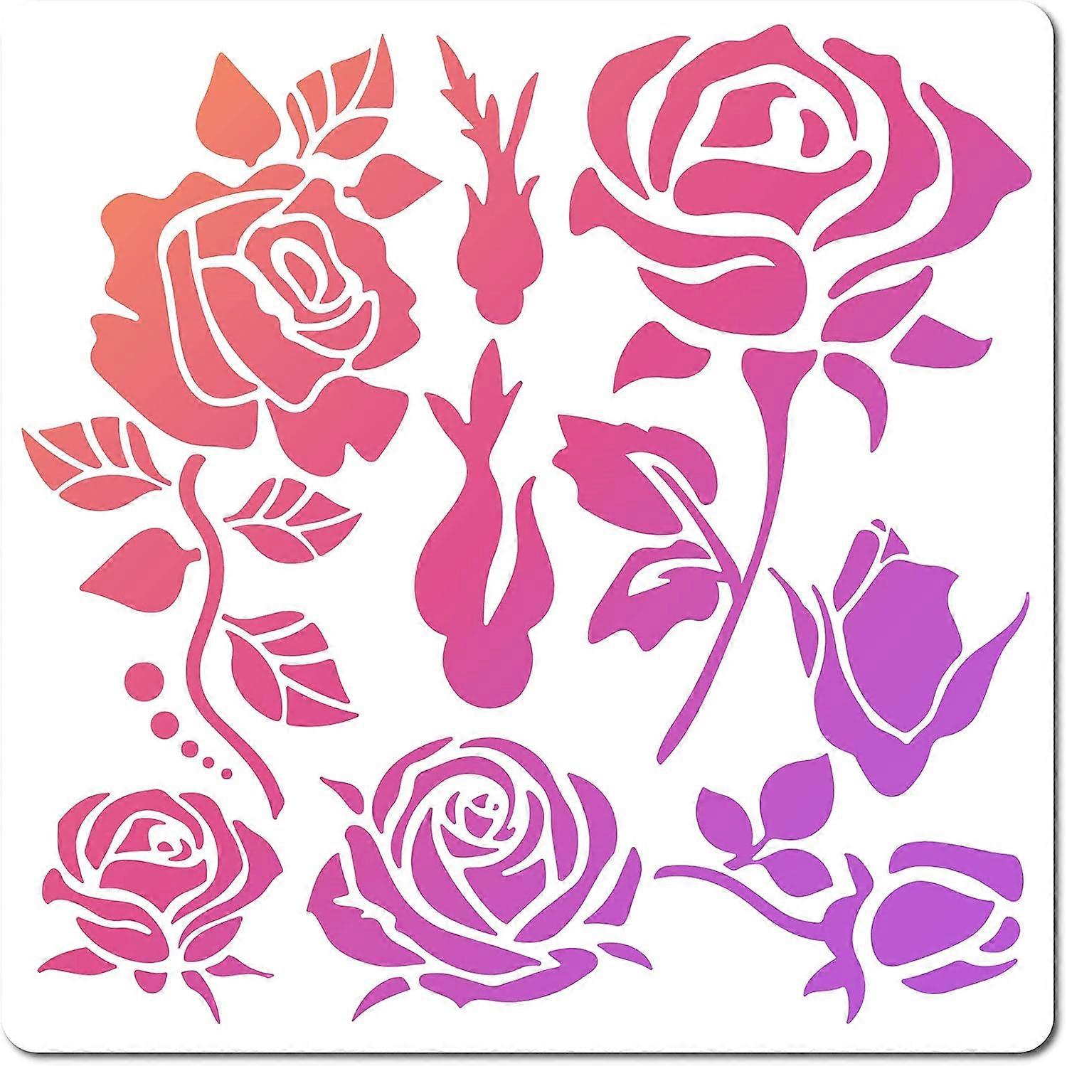 Rose Stencils Templates 30x30cm Flower Bud Leaves Pattern Large Reusable Plastic Square Stencils Sign for Painting on Wood Wall Scrapbook Card Floor D