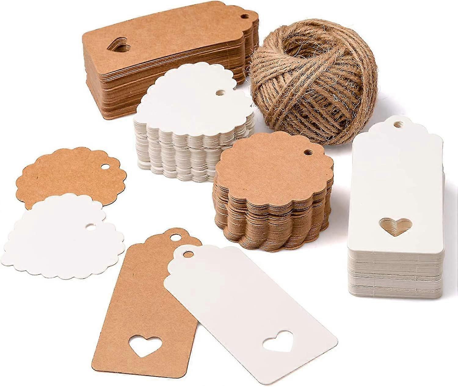 200pcs Brown And White Kraft Paper Tag,blank Rectangular Round Heart Shaped Gift