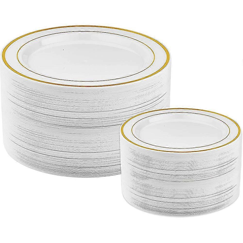 ゴールドプラスチックプレート-25ディナープレートと25サラダプレートパーティープラスチックプレート使い捨てプレートF