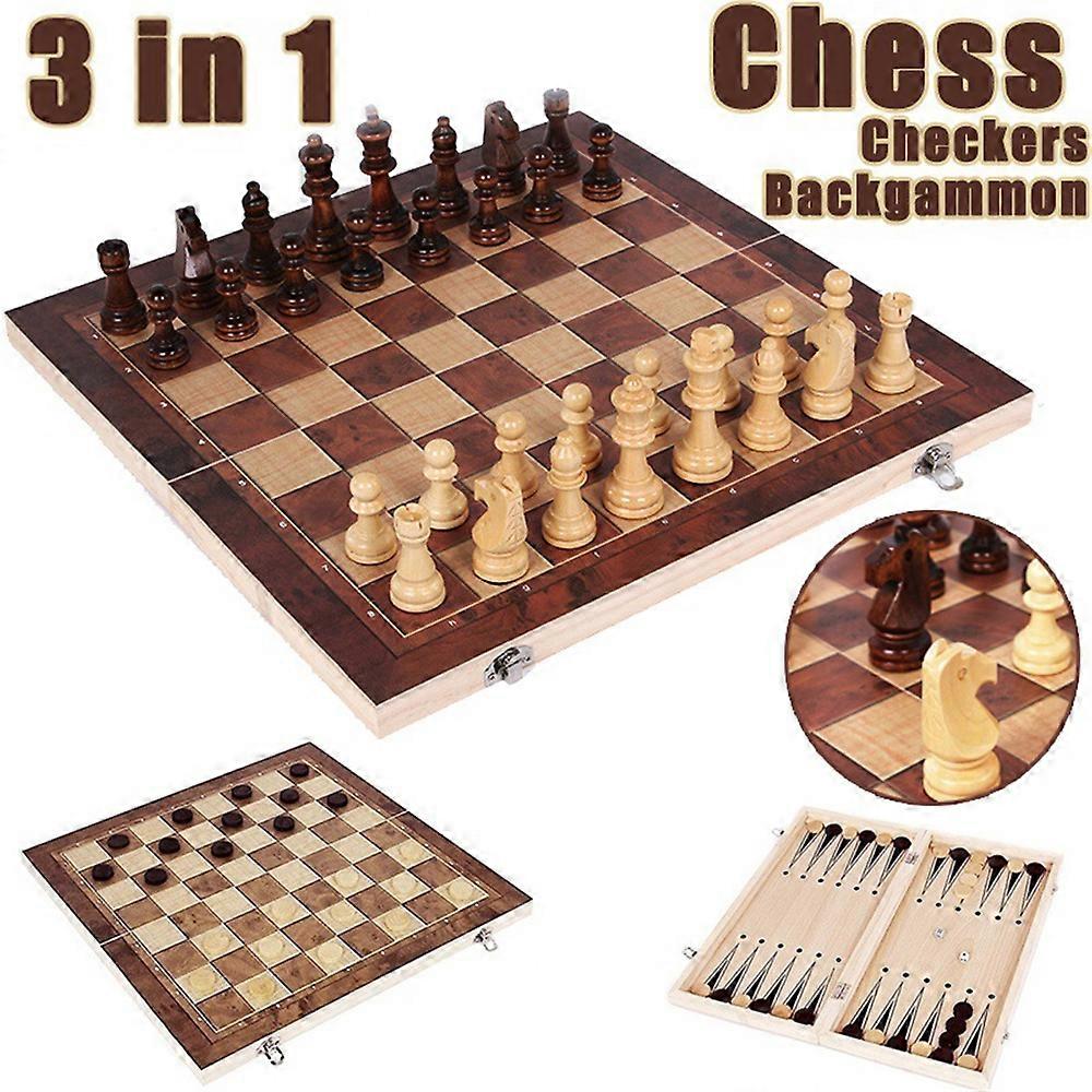 3 In 1 Chess Checkers Backgammon Game Set with Wooden Foldable Board for Storage, Portable Travel Board Game Combo Toys Set Gift for Kids & Adults