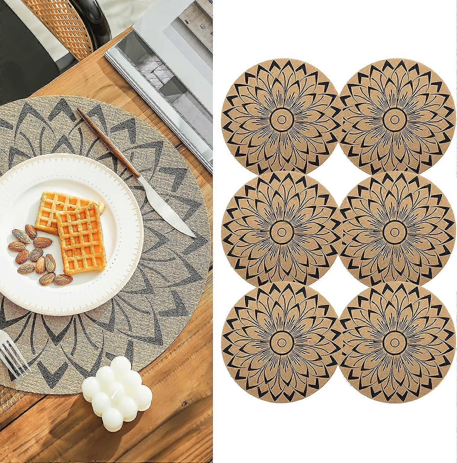 Lot de 6 Boho PVC Rond Sets de Table pour Table à manger Mandala Sets de table lavables résistants à la chaleur Jute Retro Table Decor(C)