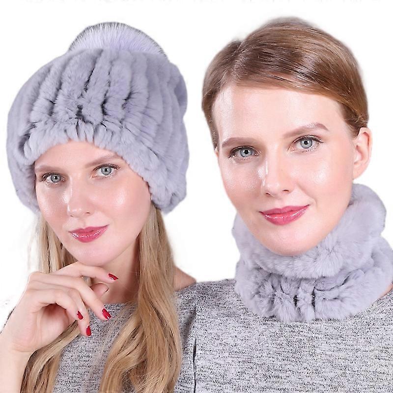 EVAGO Womens Real Rabbit Fur Winter Knit Beanie Hat Scarf Set for Girl Thick Lined Ski Hat Warm Skull Cap with Fox Pom