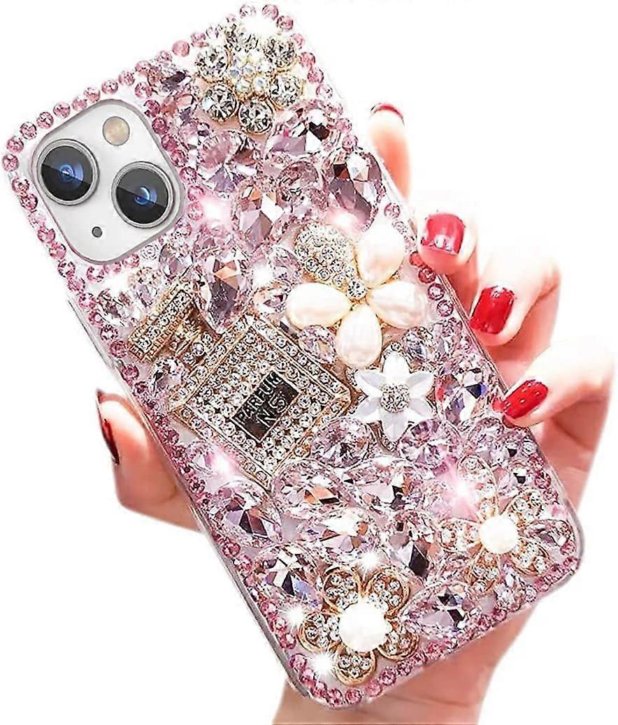 Baiccf Custodia glitterata Luxury Bling per iPhone 13, flacone di profumo 3D con strass diamantati e fiore, cover in morbido TPU per donne e ragazze