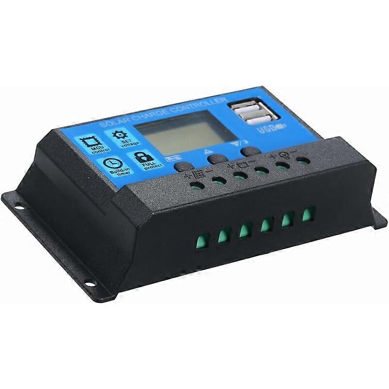 Solar Charge Controller, 12V/24V Solar Panel Regulator, Dual USB Port, Electrical Protection, Charge and Discharge Adjustment, with 5V Light Timer Con