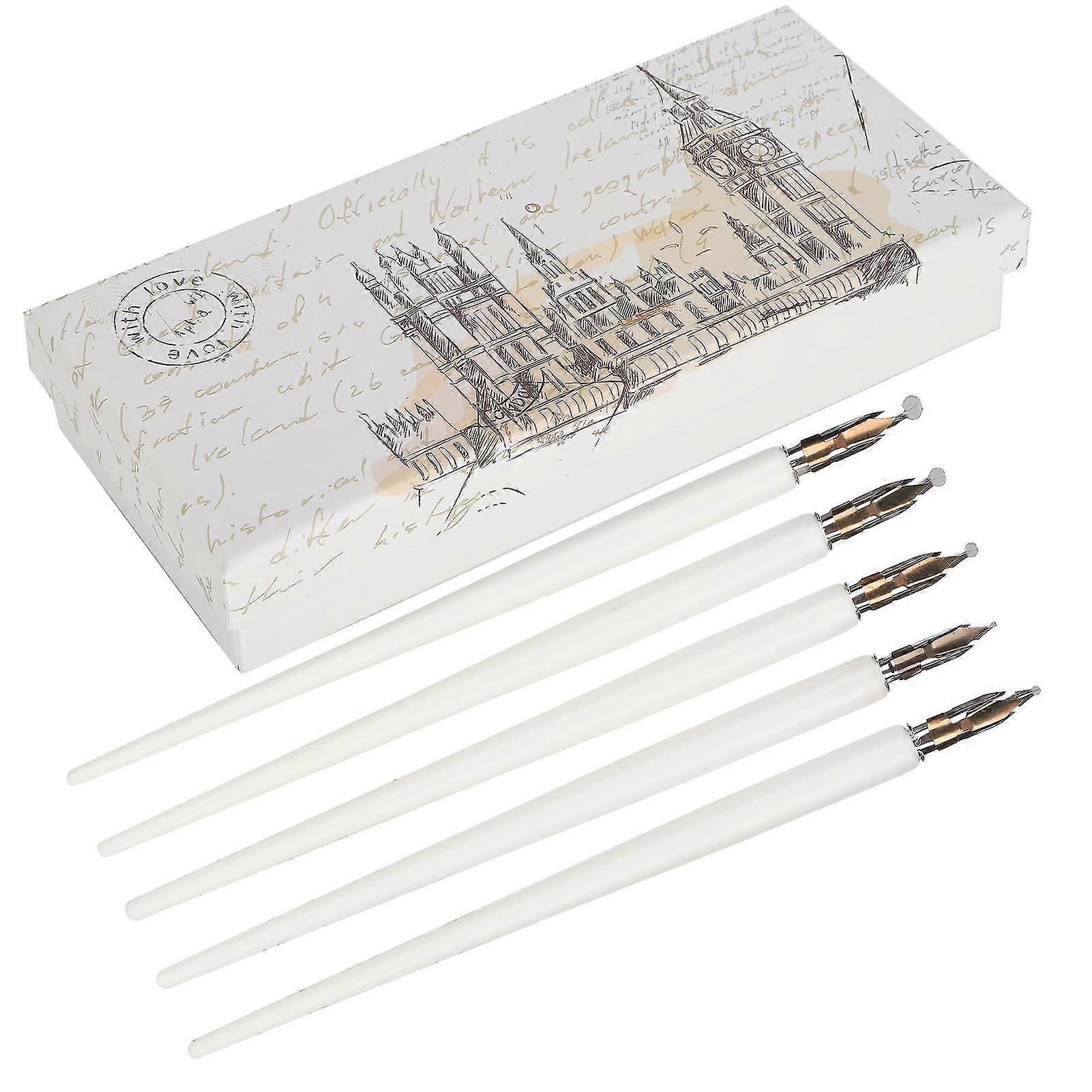 White Thin Long Handle Wooden Dip Pen Set for Art Painting and Calligraphy - Perfect Gift for Home and Office