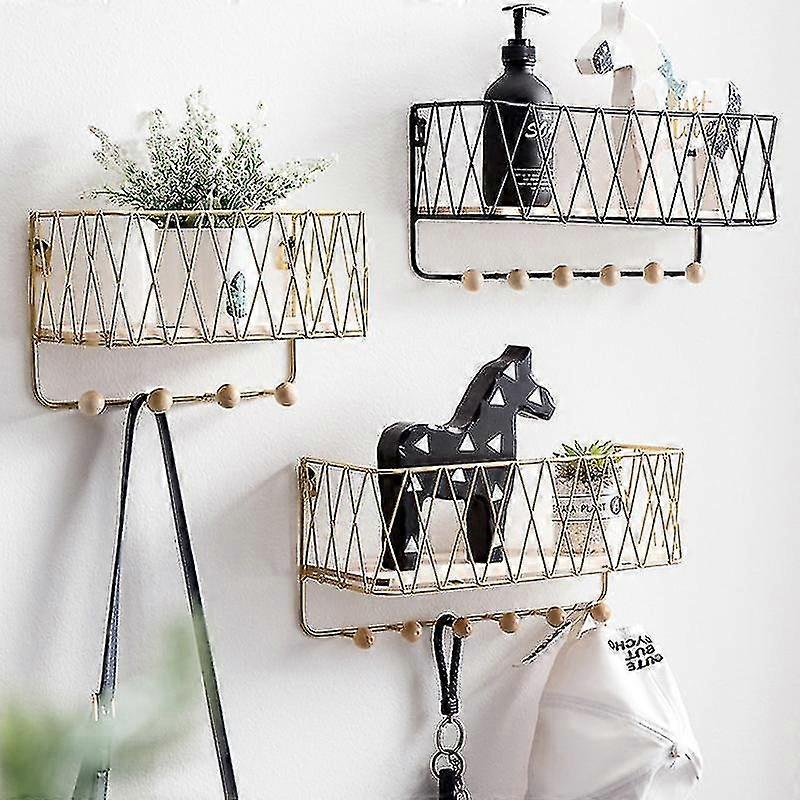 Creative Entryway Rack Wall Mount Storage Shelf Key Hooks Wrought Iron Grid Organizer