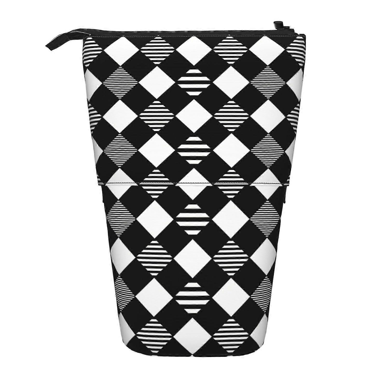 منقوشة أسود أبيض مقلمة الوقوف حقيبة قلم رصاص تلسكوبي مقلمة مع سحاب حقيبة ماكياج محمولة