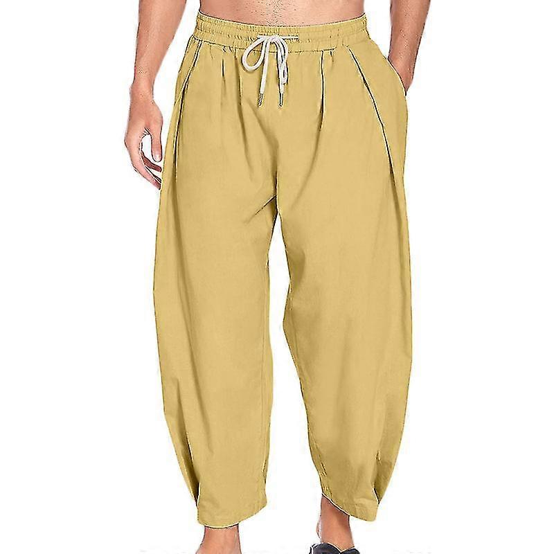 Mens Mid-Long Length Cotton Linen Harem Pants Casual Baggy Solid