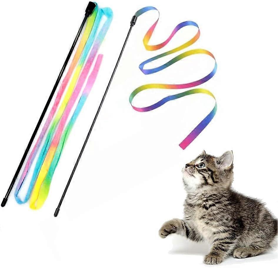 Interactive Cat Rainbow Wand Toy, Interactive Cat Tease Wand String, Colorful Ribbon Charms for Most Cats and Kittens - 2 pcs (53.2 inches)