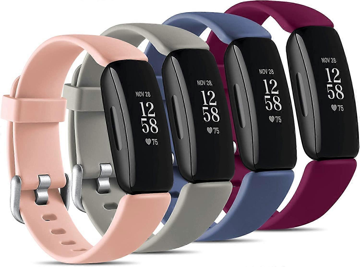 4 حزم استبدال العصابات متوافقة مع Fitbit Inspire 2 ، معصم رياضي ناعم من السيليكون قابل للتعديل للنساء الرجال ، أزرق رمادي / وردي / غاري / فوشيه