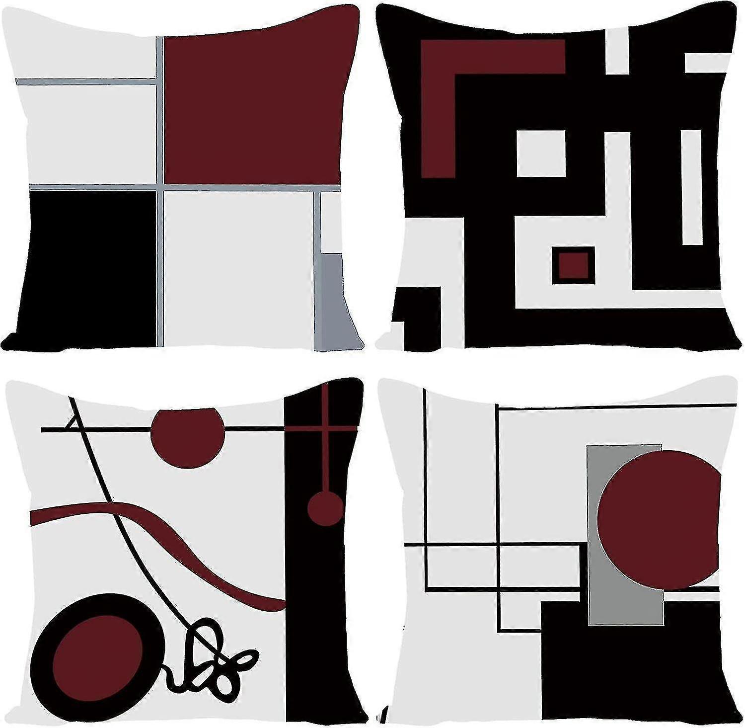 Black Wine Red Geometric Decorative Cushion Pillow Covers Set Of 4 18 X 18 Modern Geometric Grey Black And Red Grid Stripe Decor Irregular With Hidden