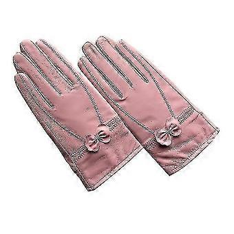 Guanti in pelle PU caldi invernali, donne di lusso da donna morbide con pelliccia in pile foderato touchscreen progettato texting guida guanti antivento1set rosa