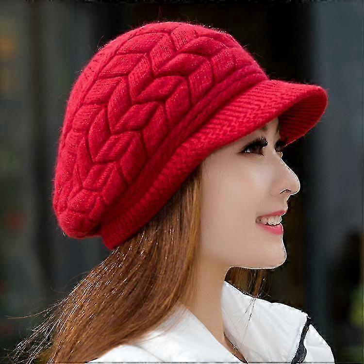 Ladies Winter Warm Knitted Hat with Visor, Bright Red