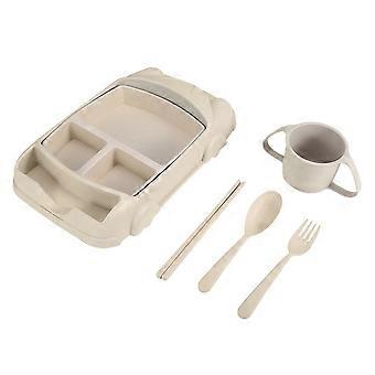 Beige Kids Wheat Straw Tableware Cartoon Car Feeding Dish Plate Bowl Set Fork Spoon Chopsticks