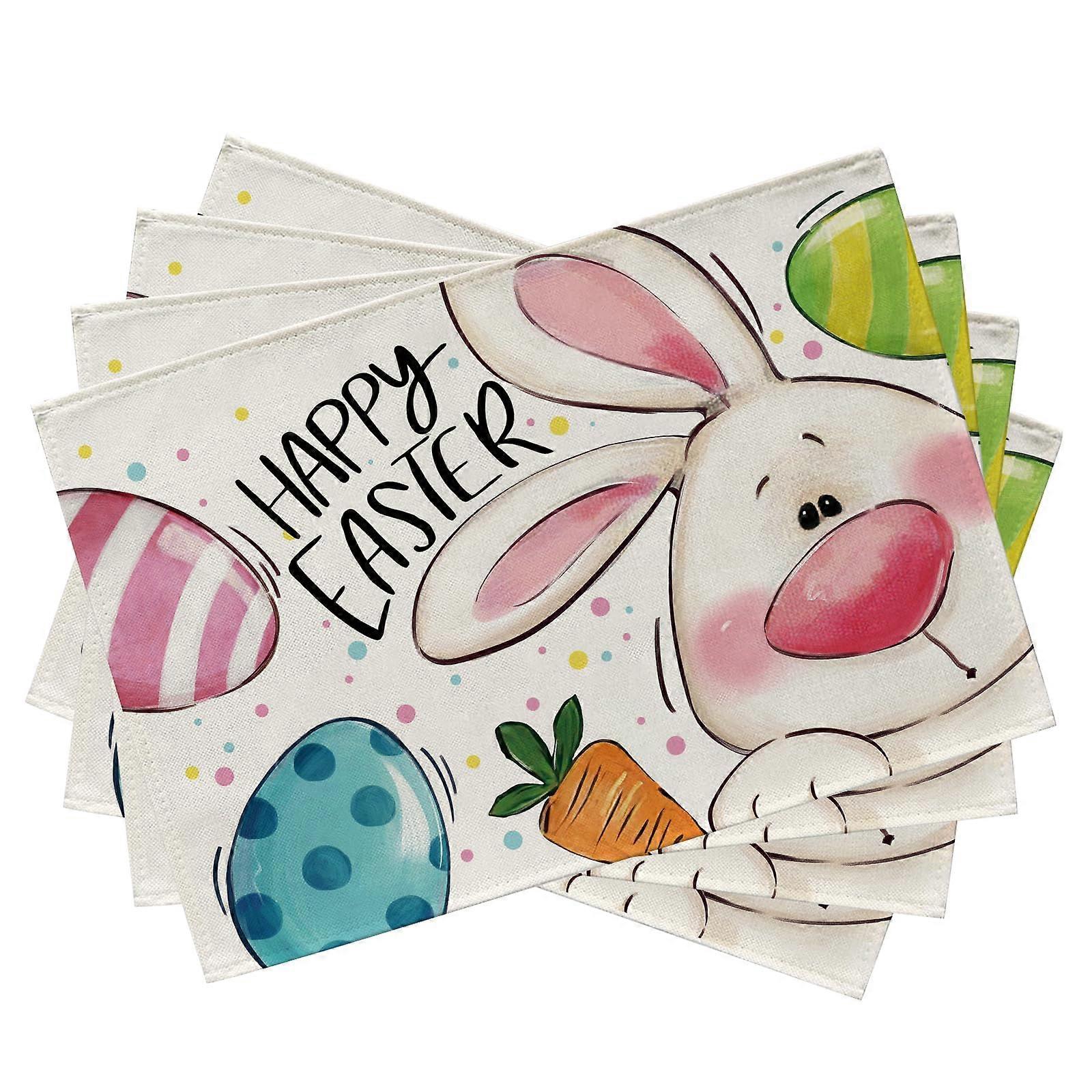 Easter Bunny Placemats Set of 4, Cute Rabbit Eggs Carrot Polka Dot Stripes, Spring Farmhouse Kitchen Decor