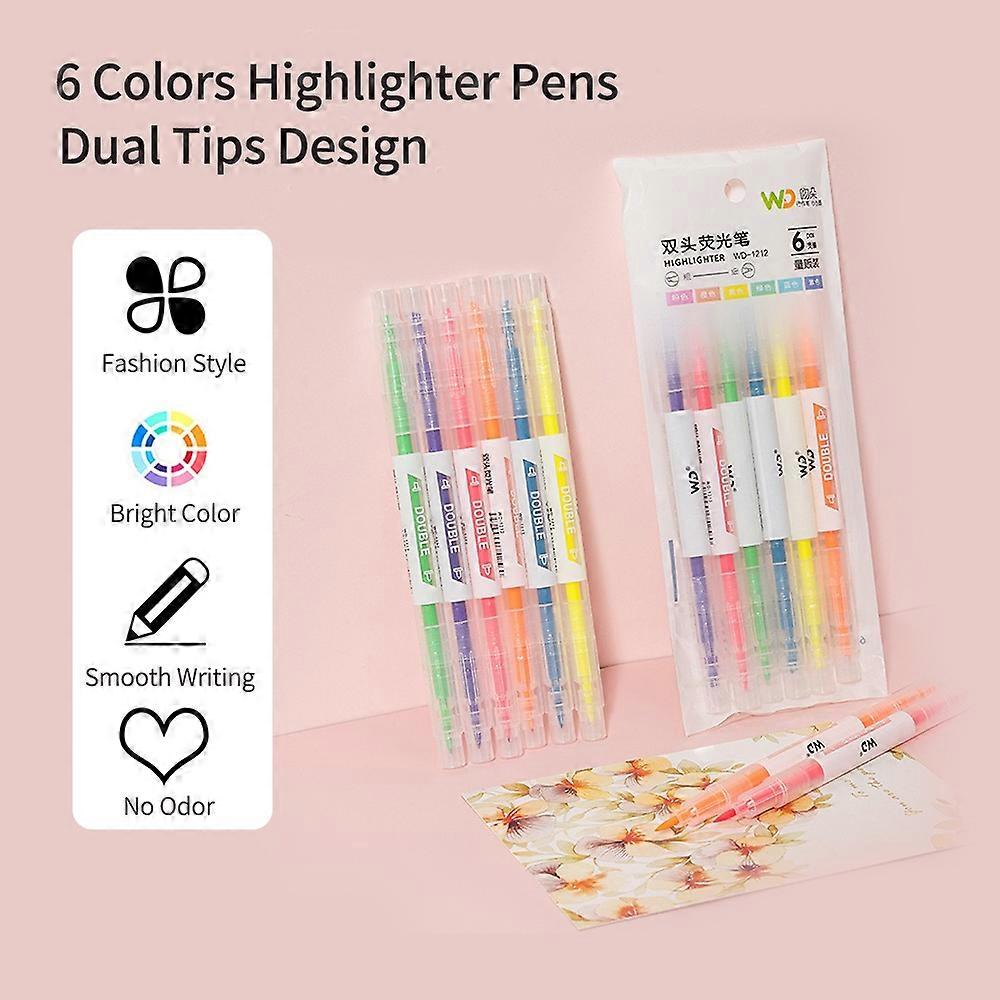 6 Colors Highlighter Pens Dual Tips Broad Chisel and Fine Tip Highlighter Markers Pen for Adults Stu