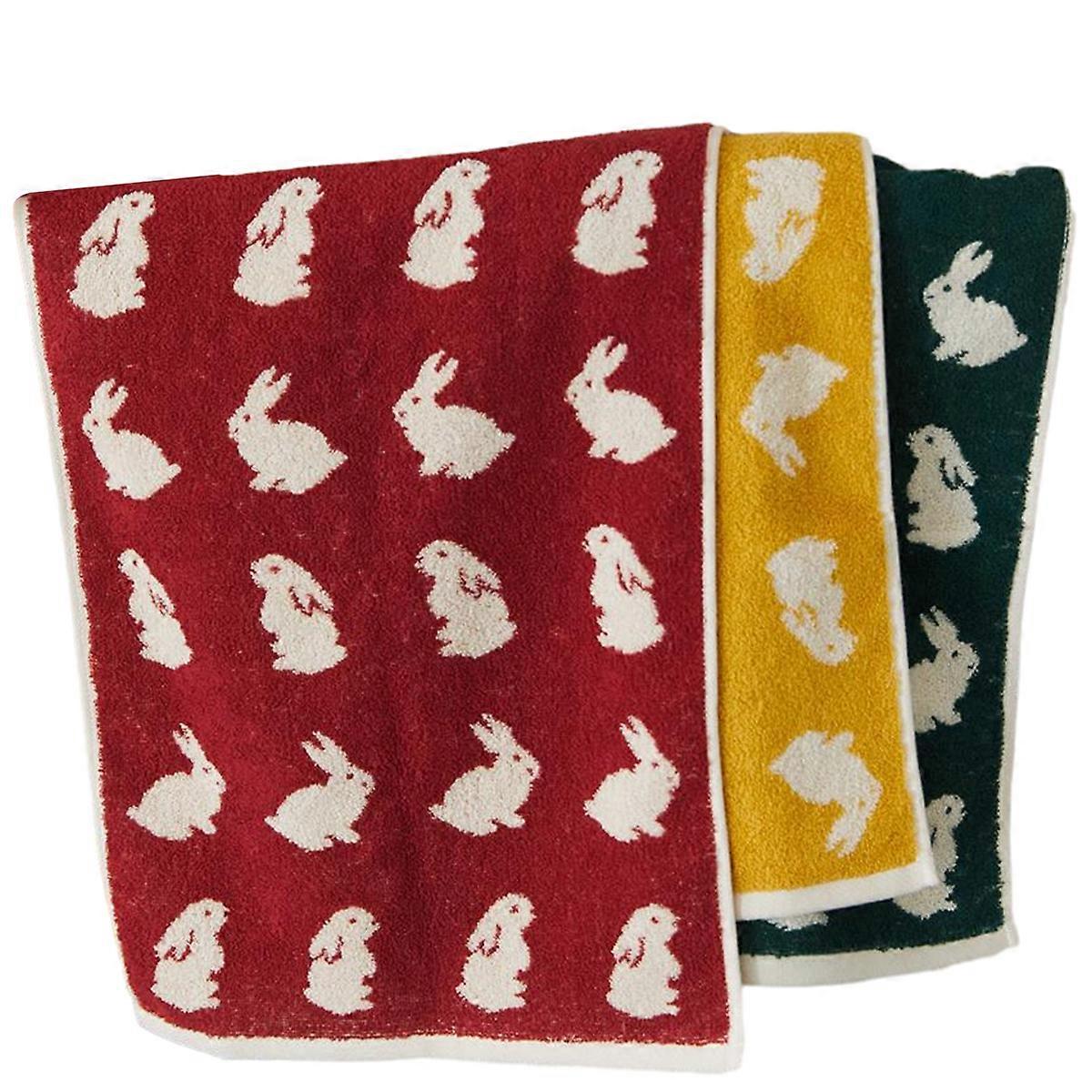 3-Pieces Rabbits Printing Bath Towels Set- Hand Towel Cotton Towels Set,Absorbent Towel Sets for Adults, Red+Yellow+Green