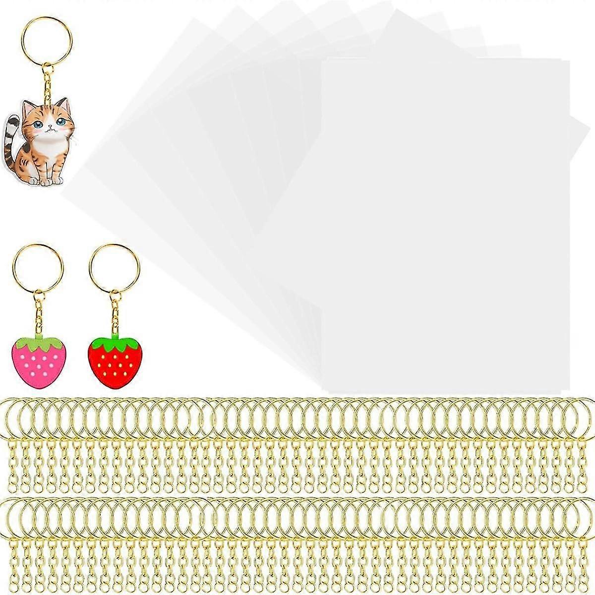Heat Shrink Plastic Sheet Kit Shrink Papers 25 PCS Large Shrink Film Papers with 100 PCS Keychains for Kids (11.4x8inch)