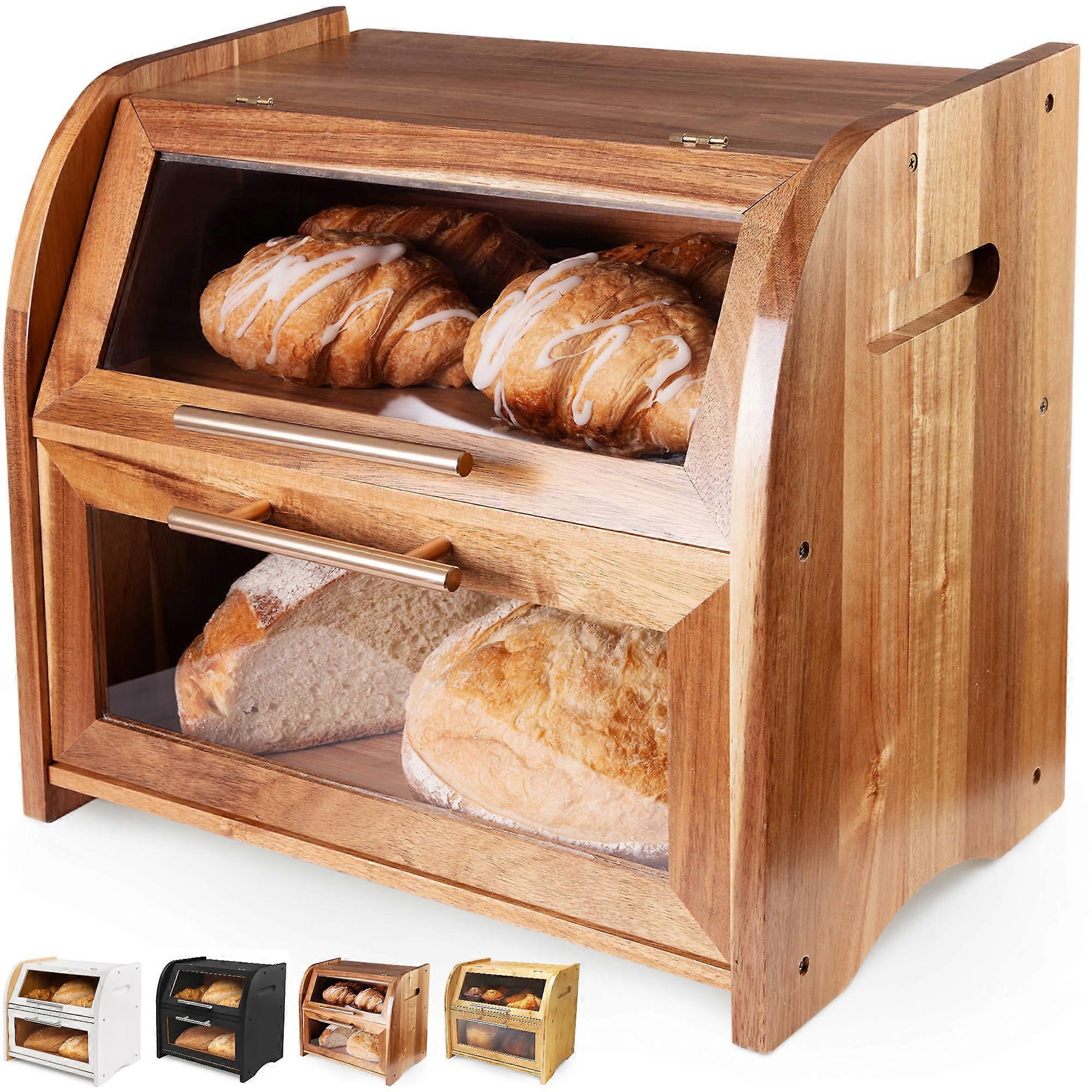 Κομψό Acacia Extra Large 2-Shelf Ξύλινο Ψωμί για Κουτί Κουζίνα Πάγκος Αποθήκευση ψωμιού Extra Large