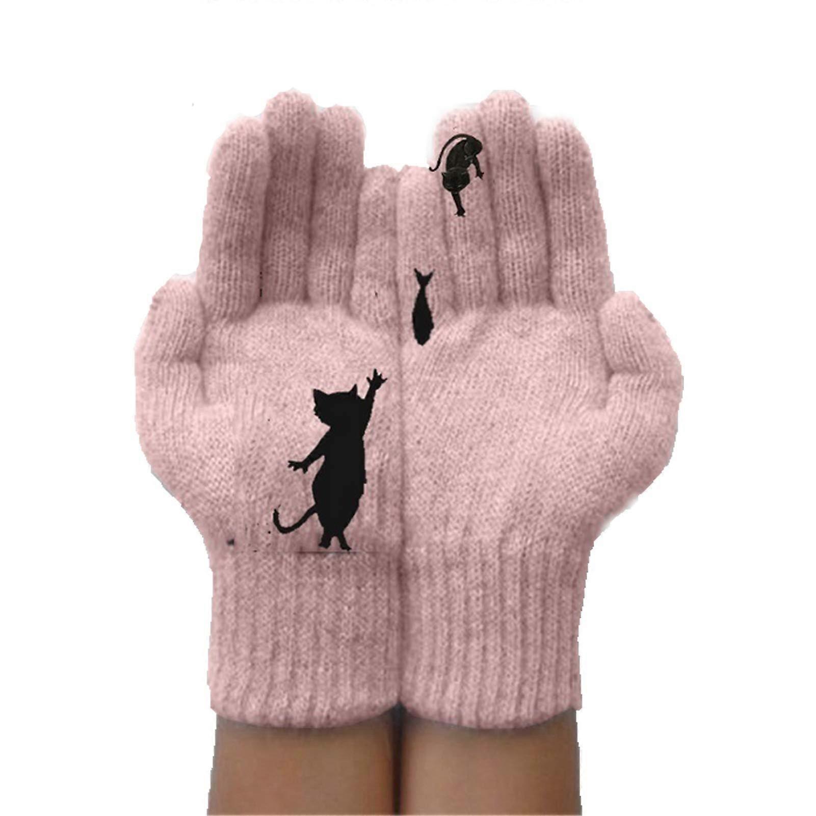 Cute Cat and Fish Winter Gloves for Women - Knitted Thermal Windproof Warm Mittens in Soft Material, Size M/L