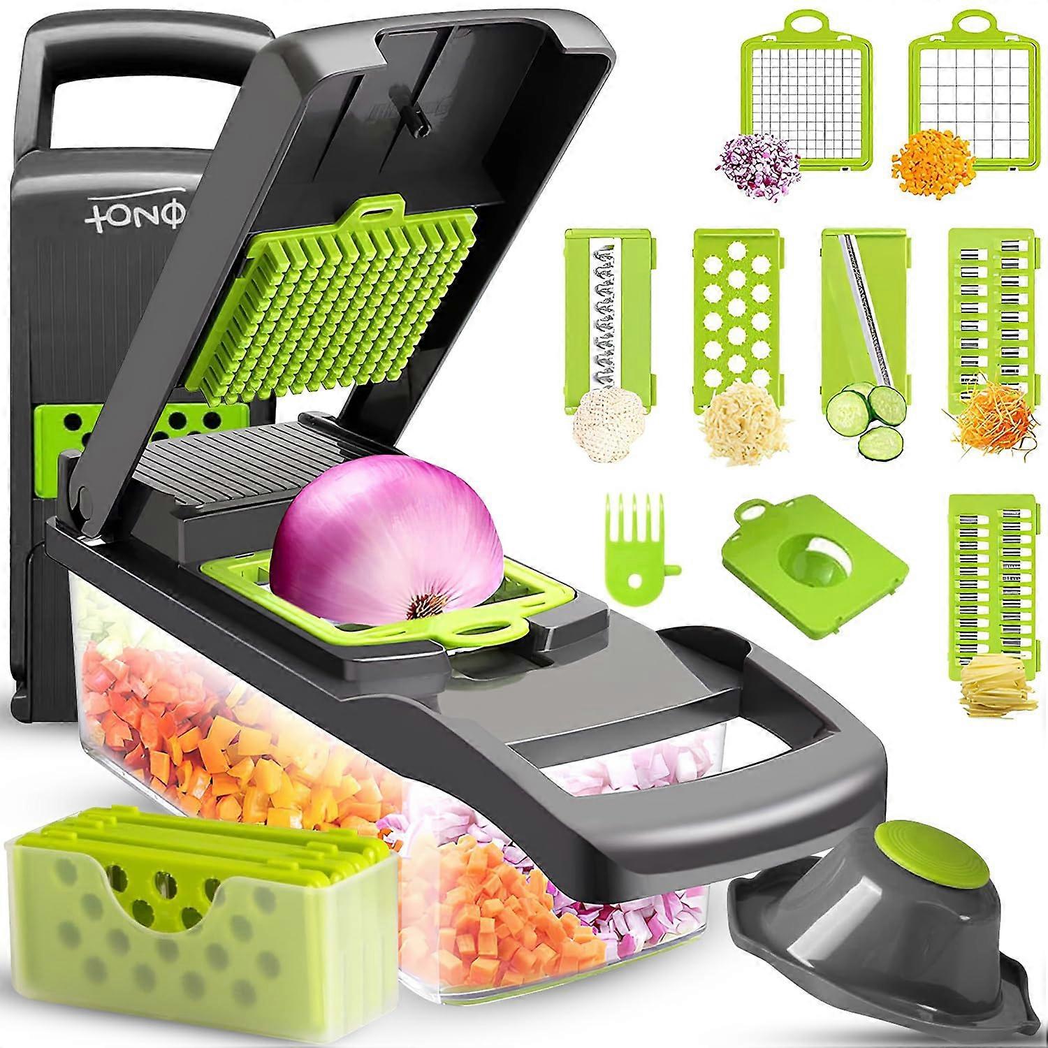 12 In 1 Multifunctional Vegetable Chopper with Container, Egg Slicer, Onion Mincer, Cheese Slicer, Dicer in Green and Gray