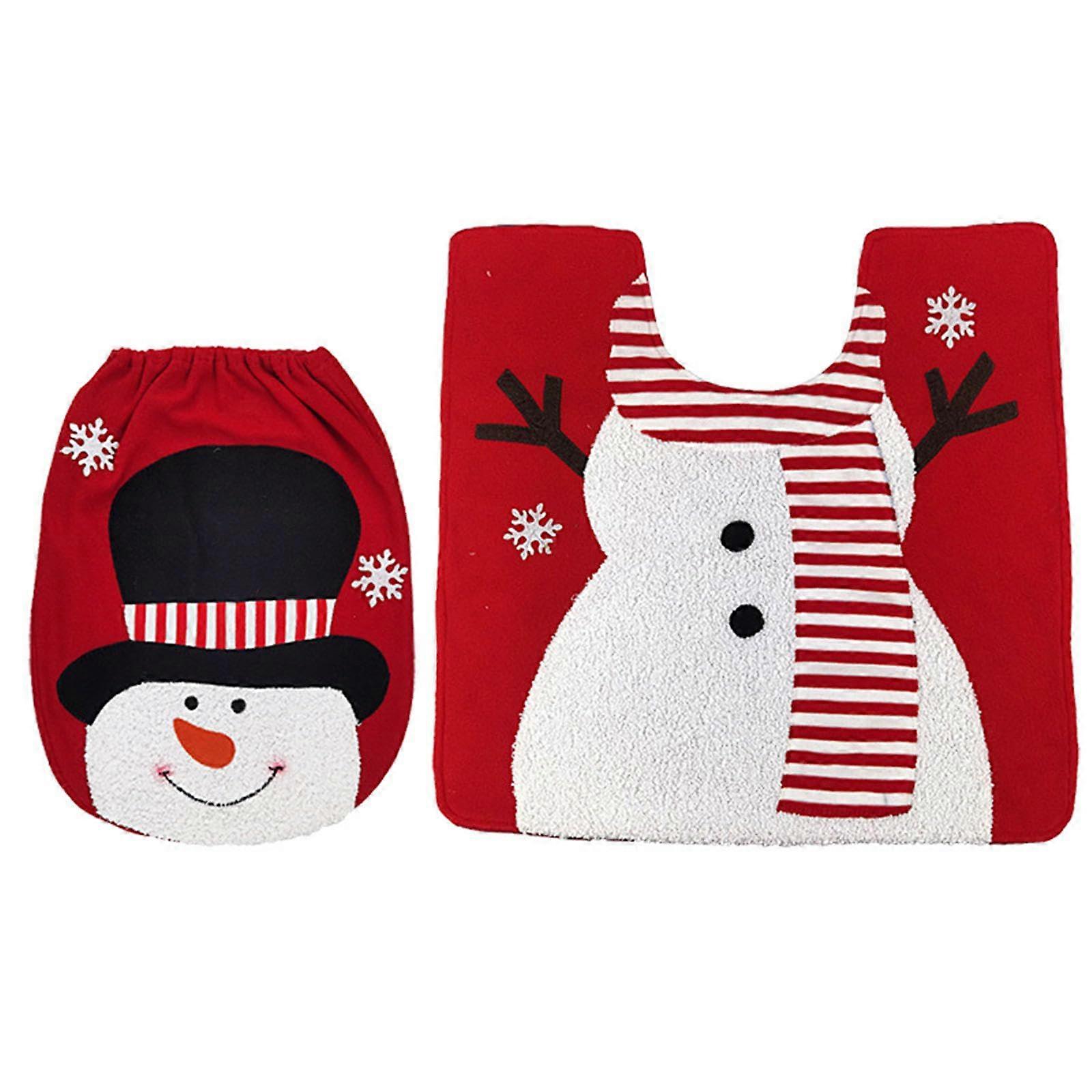 Christmas Toilet Seat Set - 2 Pieces Santa Snowman Design with Matching Floor Mat, Soft Non-Slip Material, Holiday Decor