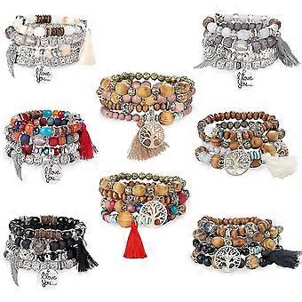 8 piezas Bohemian Stackable Wood Beads Pulseras para mujeres Boho Multicapa Stretch Bracelet Set Declaración Borla Bangles