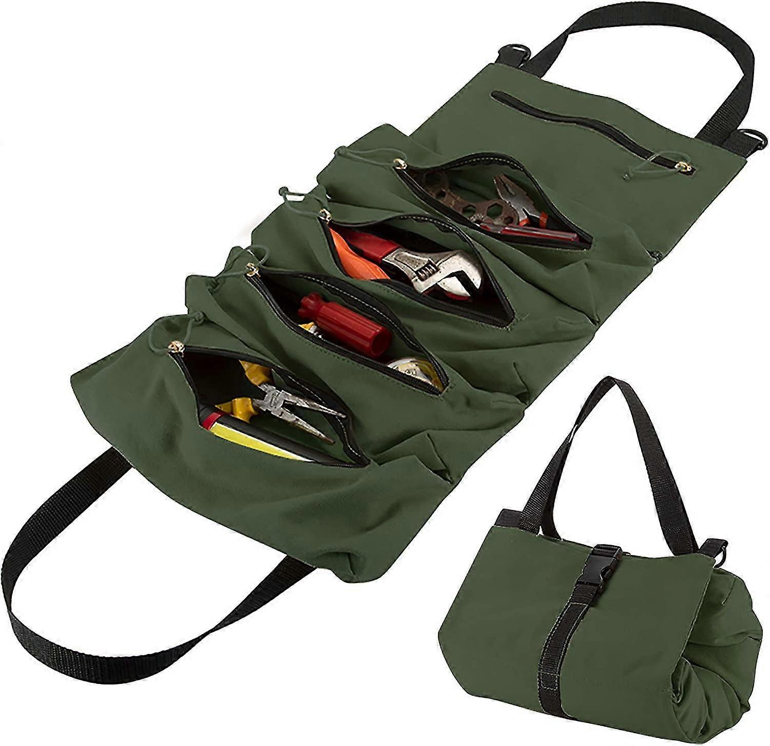 Heavy Duty Canvas Tool Roll Organizer with 5 Zipper Pockets for Wrenches, Sockets & Screwdrivers - Army Green Storage Pouch