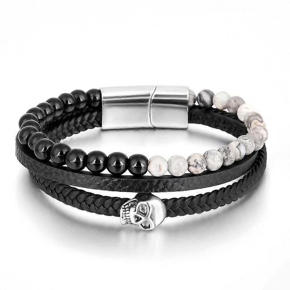 Men's Multilayer Leather Natural Stone Beaded Bangle Stainless Steel Magnetic Clasp Jewellery Punk Skull Braided Bracelet