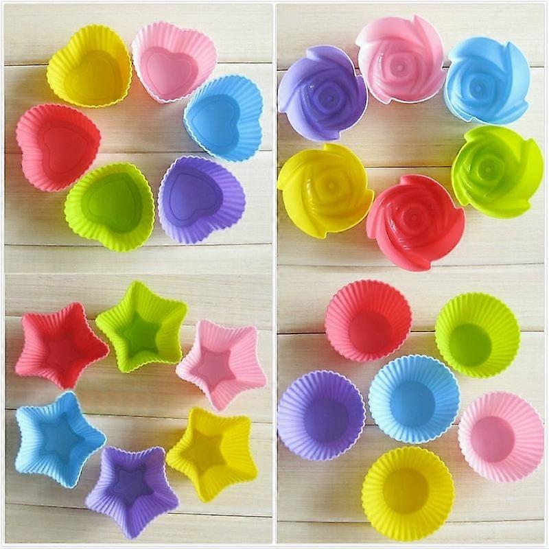 24 PCS Silicone Cupcake Liners Reusable Baking Cups Easy Clean Pastry Molds 4 Shapes Round Stars Heart Flowers