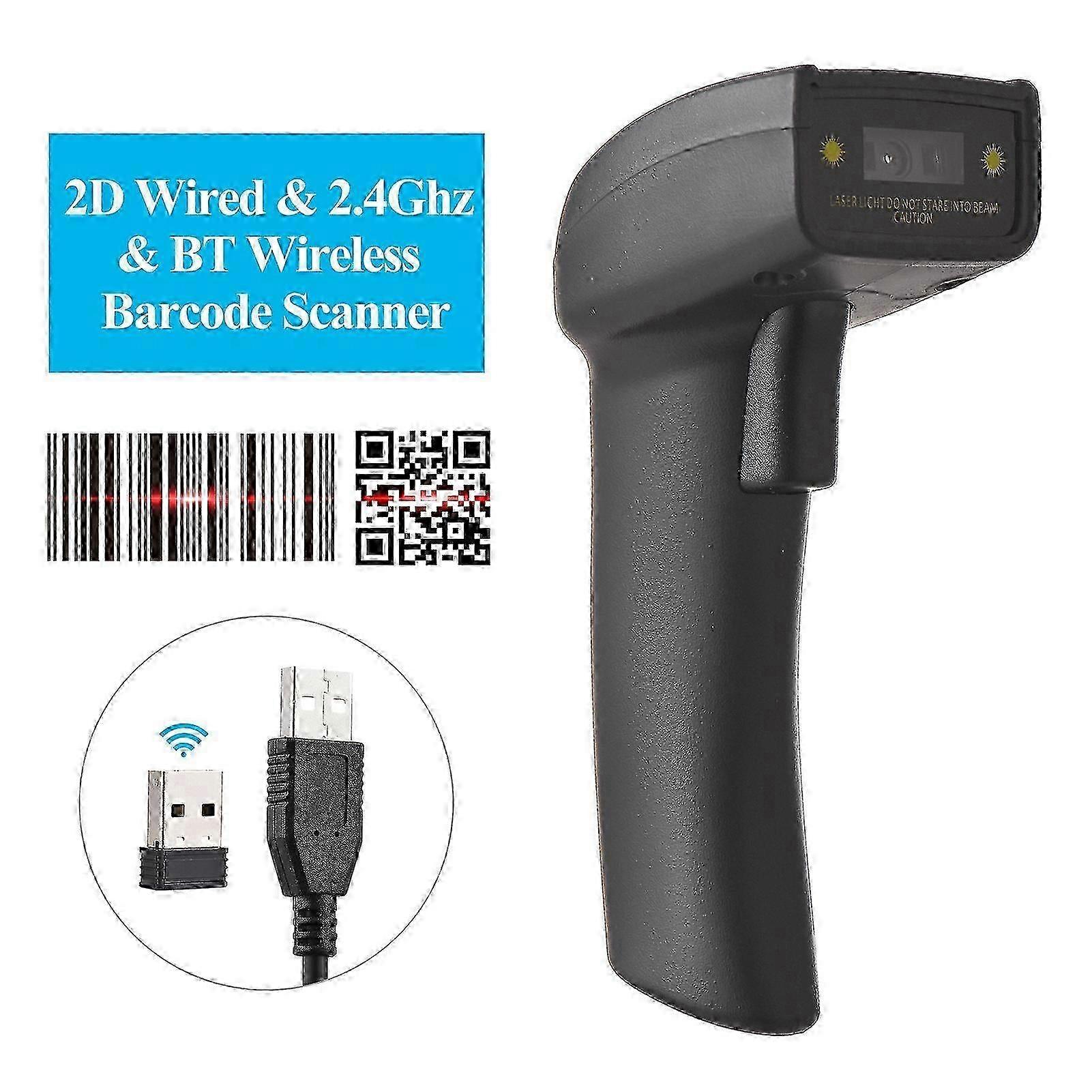 2D Wireless BT+2.4G Barcode Scanner Handheld USB Wired 1D Bar Code Reader Manual Trigger 640*480 CMOS Scanning Support Paper and Screen Code Compatibl