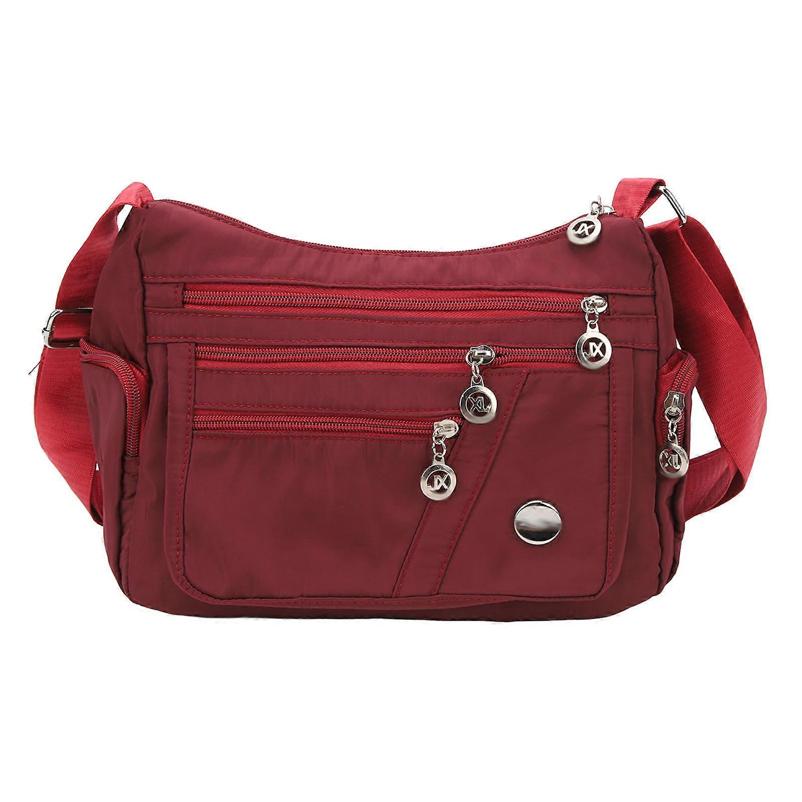 Women's Shoulder Bag, Roomy, Multiple Pockets, Zipper, Large Capacity, Lightweight, Portable, Red Nylon