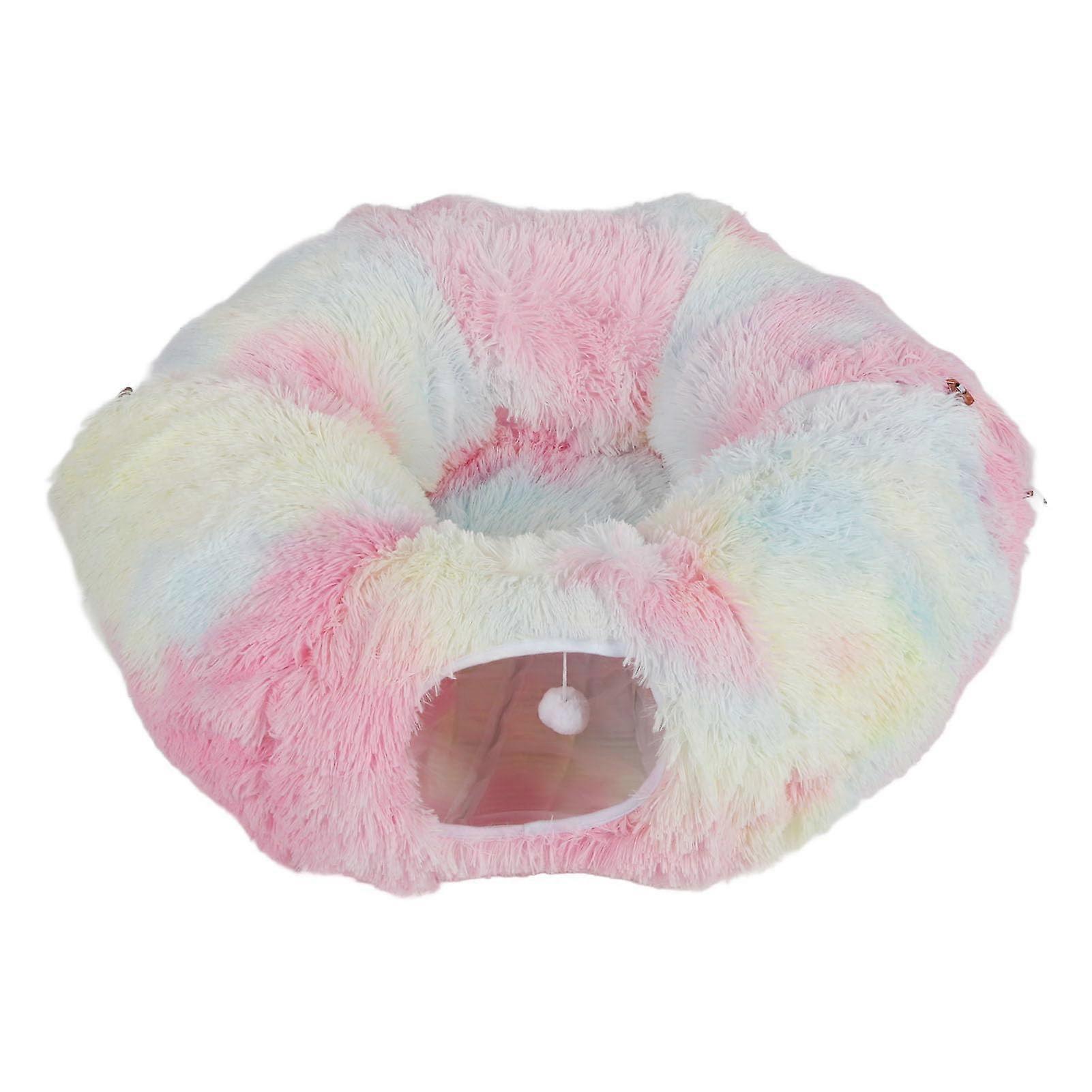Cat tunnel bed, cat donut tunnel, warm plush cat tube play toy bed with ball pendant for indoor use by cats, kittens, puppies, rabbits, ferrets.
