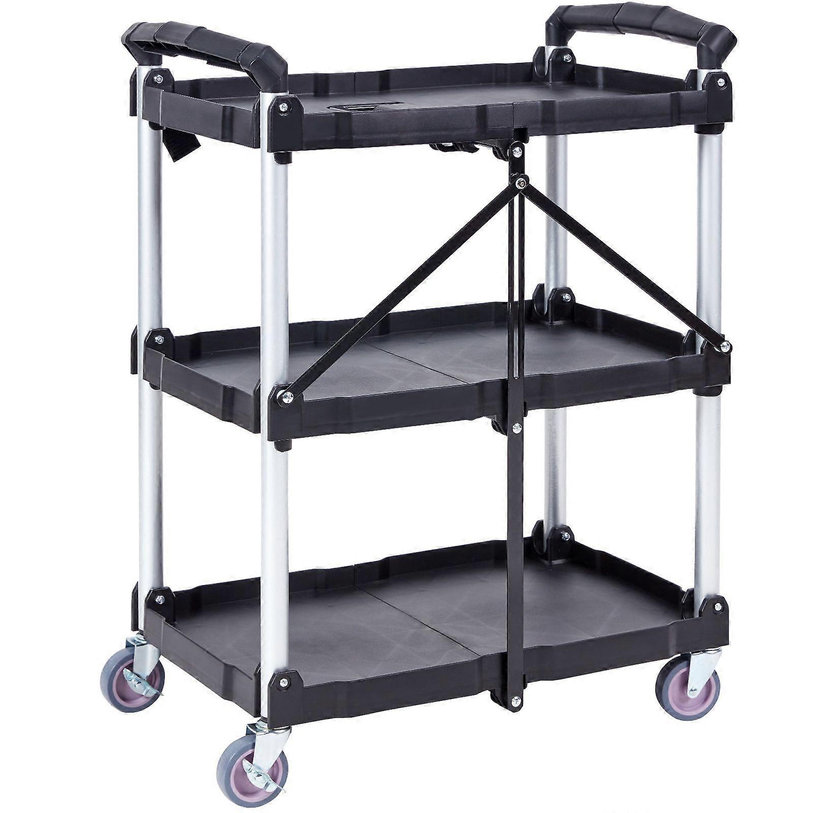 Foldable Utility Service Cart, 3 Shelf 165LBS,for Warehouse/Office/Home(25.62"x15.43"x32.76")