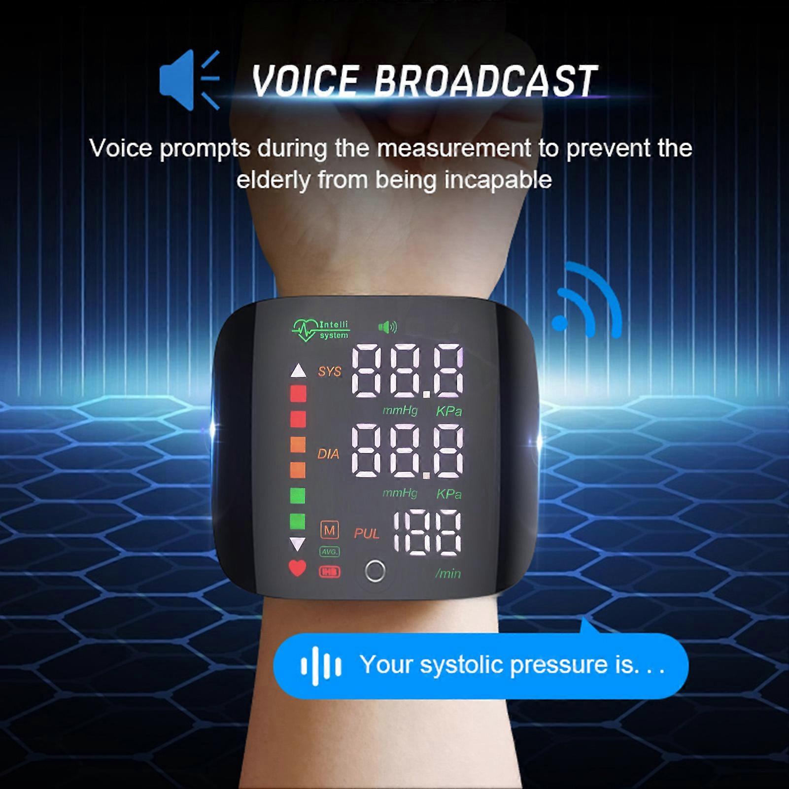 Blood Pressure Monitor Contact Screen Three-color Display Wrist Measurement Two-person Memory Records Voice Broadcast for Elderly