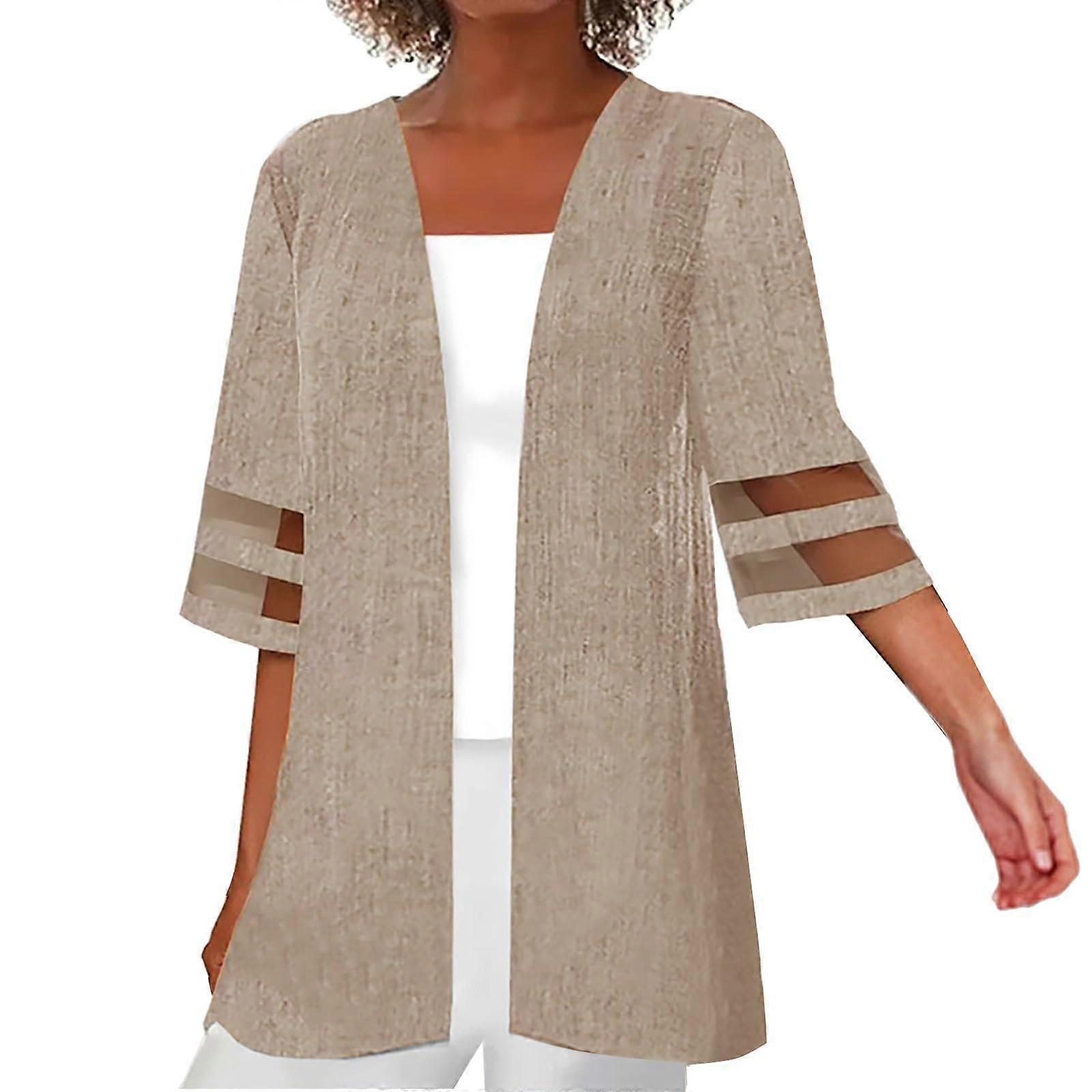 Women's Lightweight Cardigan Short Sleeve Casual Blouse Loose Fit Thin Khaki Top Size M Comfortable Open Front Coat