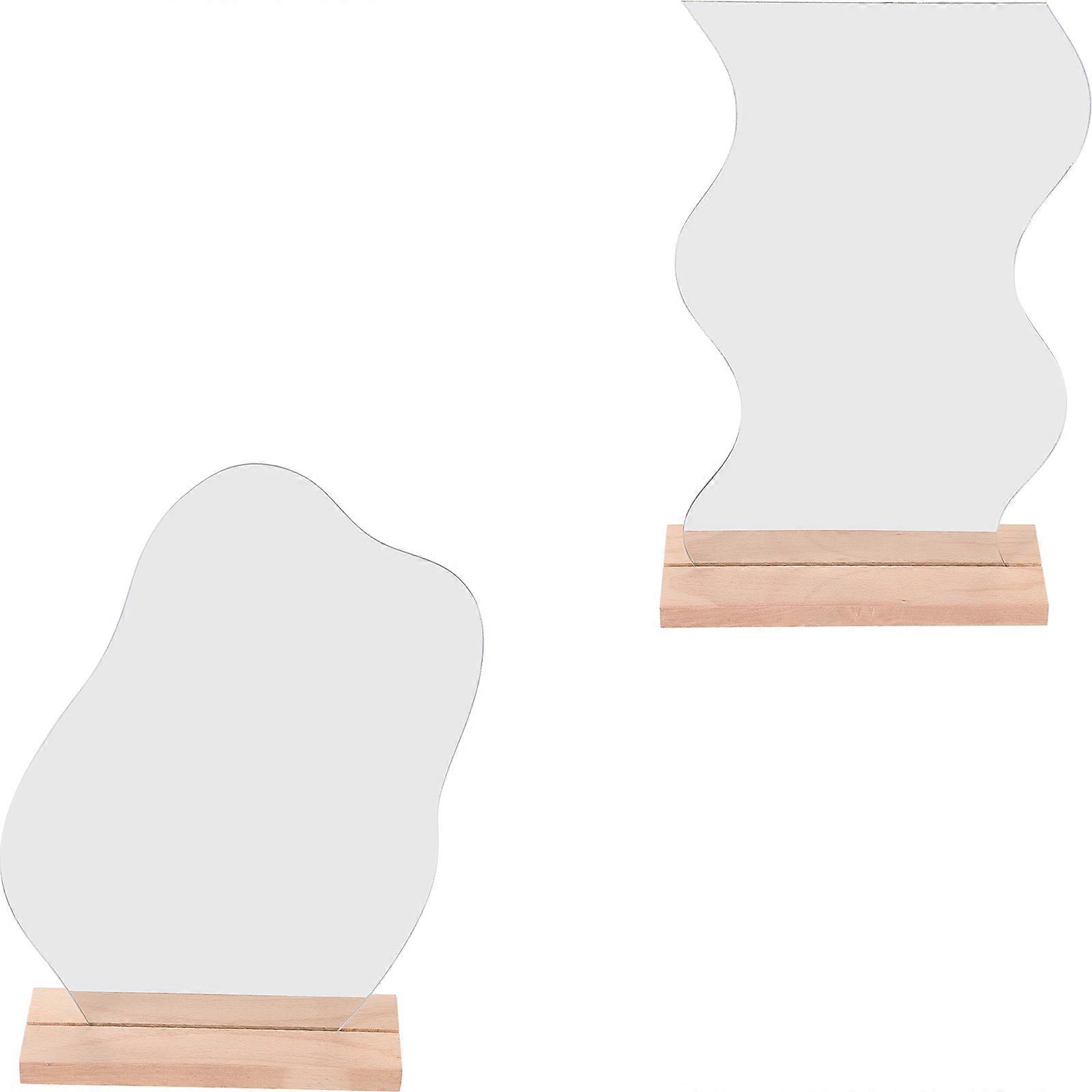Wooden Base Vanity Mirror with Silver Frame for Desk and Bedroom Decor 2 Pieces