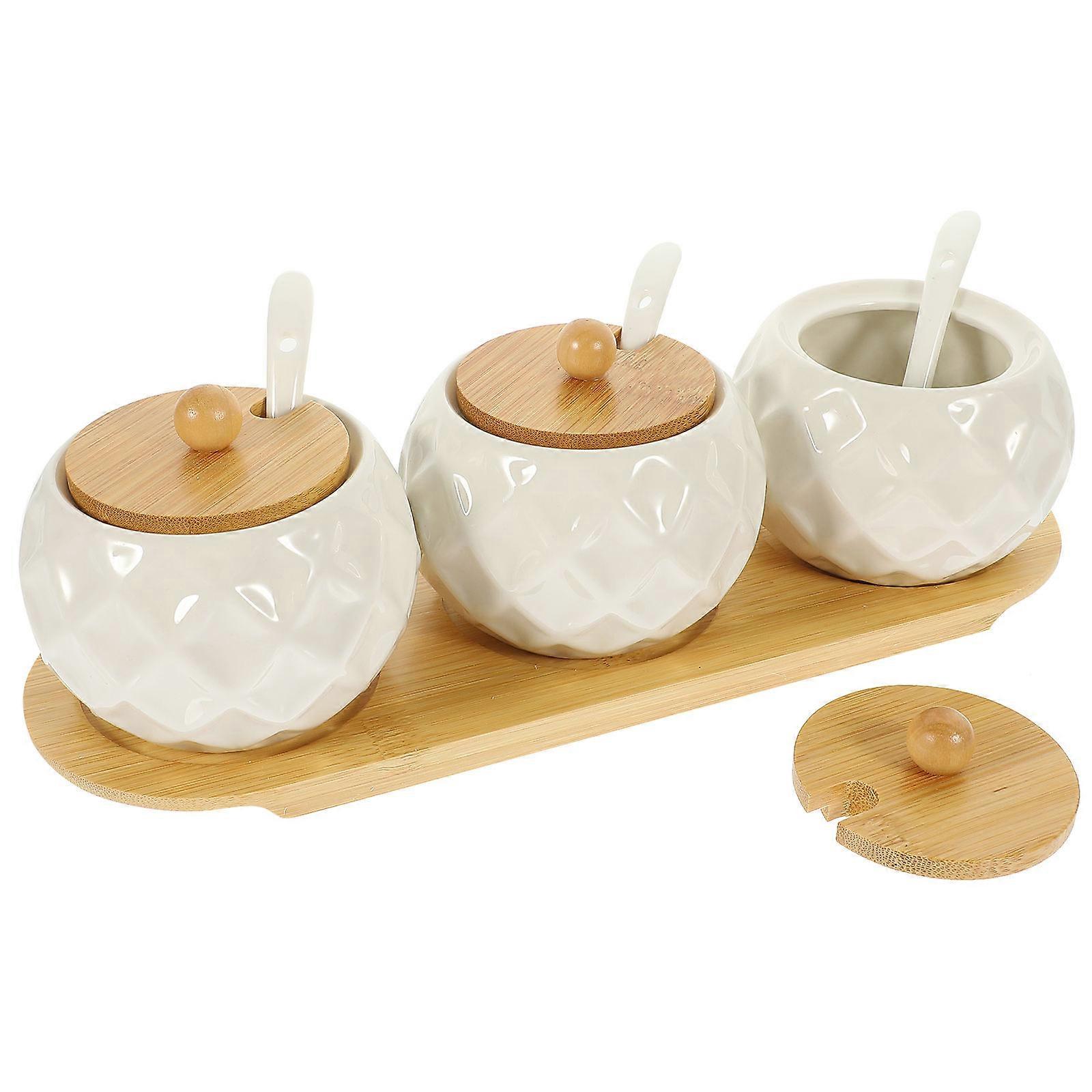 Ceramic Spice Jar Set with Bamboo Lids and Tray for Kitchen Use Multi Color 7 Pieces