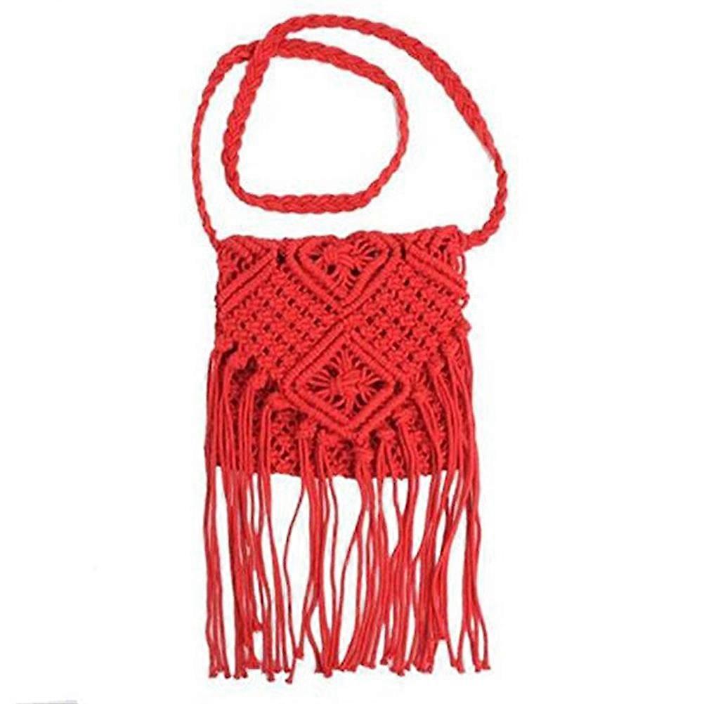 Fringed Crochet Crossbody Bag Made of Cotton Rope in Dark Red Color with Large Space for Stuff Holding 10.5x12.5 Inches