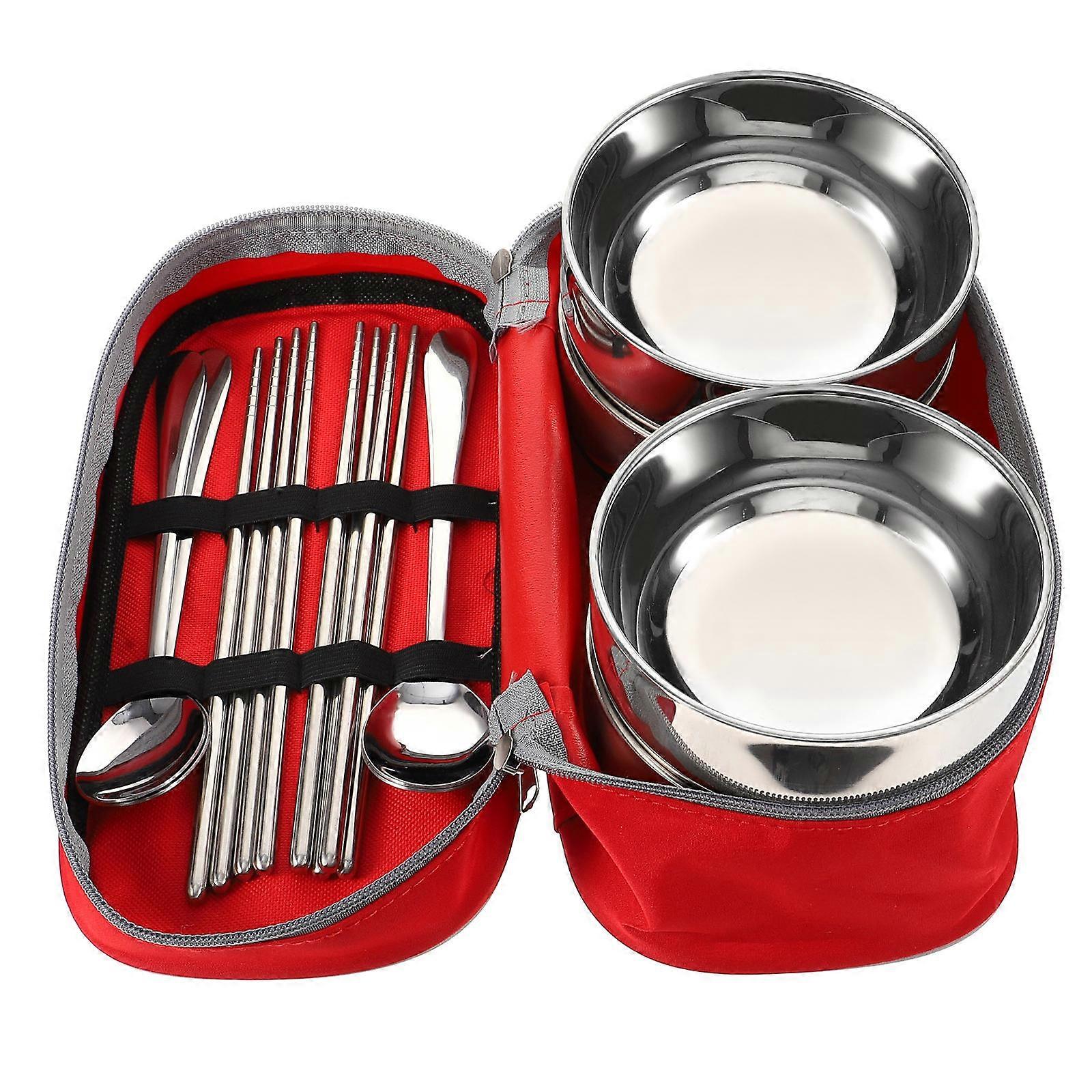 Ergonomic Portable Chopsticks and Spoons Set for Families with Red Bowls and Lightweight Storage Bag 1 Set