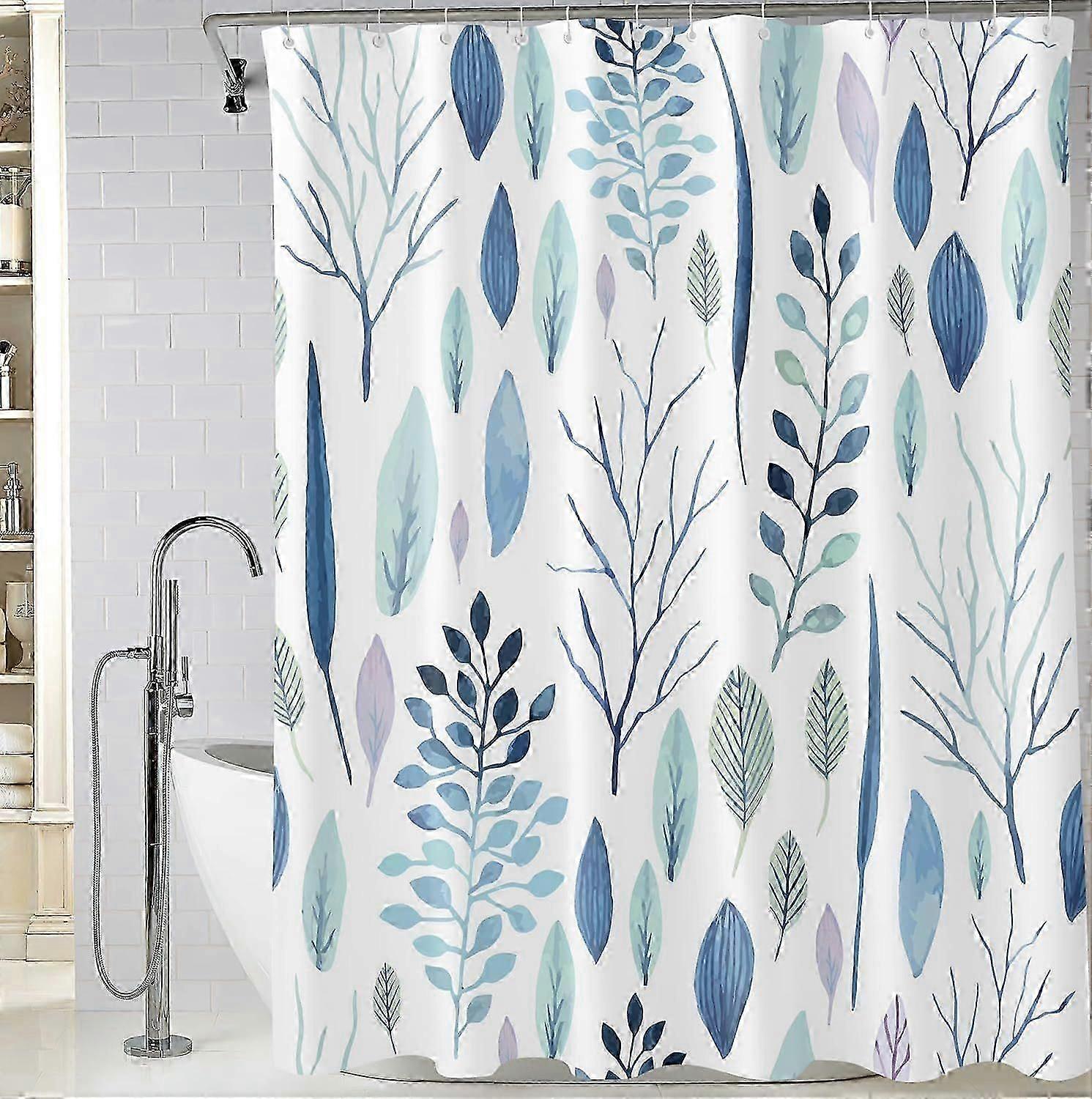 エクストラロングライトブルーリーフシャワーカーテン80 x 180 cm、防水生地、植物パターン