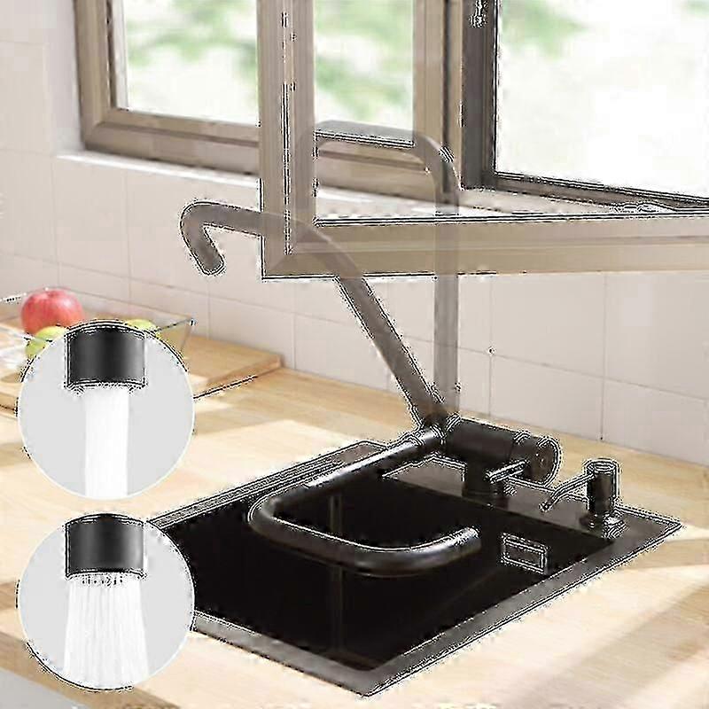 Black Foldable Kitchen Faucet with 360 Swivel Spout & 2 Spray Modes | Under Window Space-Saving Sink Tap