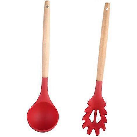 2Pcs Kitchen Utensil Set Wooden Handle Heat Resistant Silicone Spatula Spoon