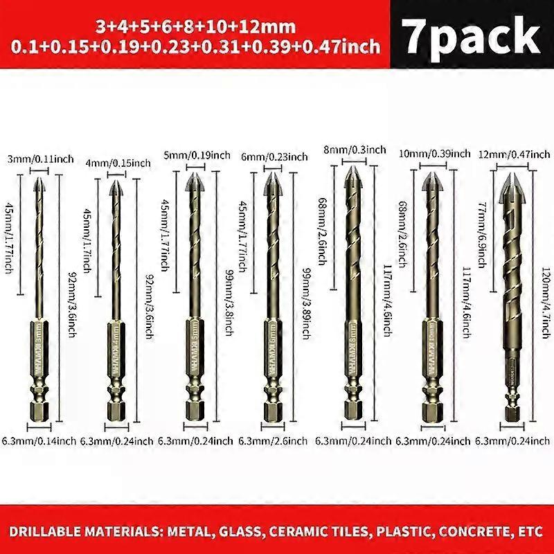 5pcs/7pcs 3-12mm Cross Hex Tile Drill Bit For Glass Concrete Ceramic Tile Hole Opener Tungsten Carbide Hard Alloy Bits Set Tool