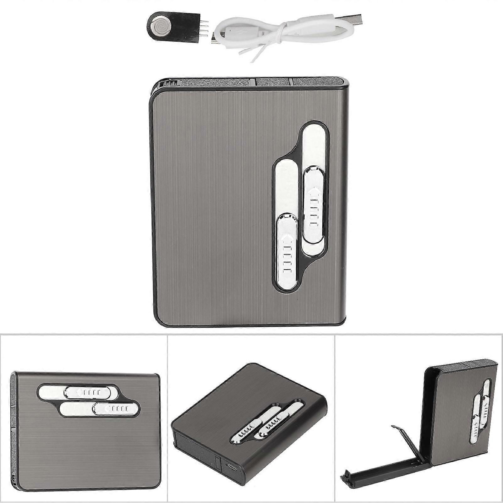 20Pcs Black Metal Cigarette Case with USB Lighter & Auto Eject