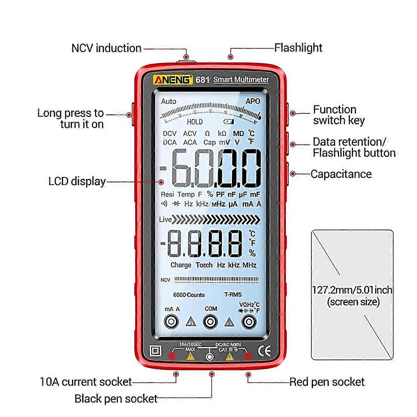 For 681 Digital Multimeter Noncontact Voltage Tester Red