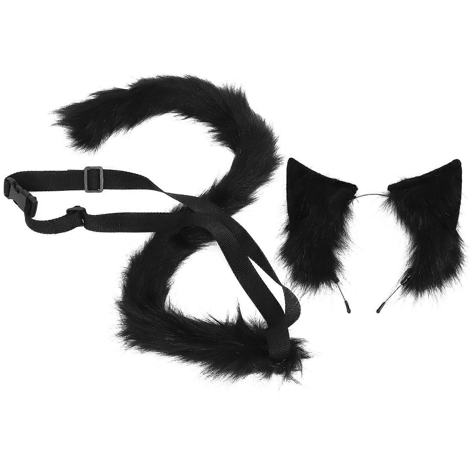Cat Ears Headband with Tail Prop for Cosplay Use 4Sets Black Fabric