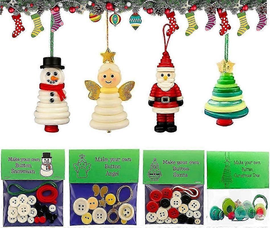 4pcs Button Christmas Tree Ornament Kit, DIY Craft Button Making Set, Fun Christmas Buttons Crafts Making Set, Fun Xmas Tree Hanging Decorations